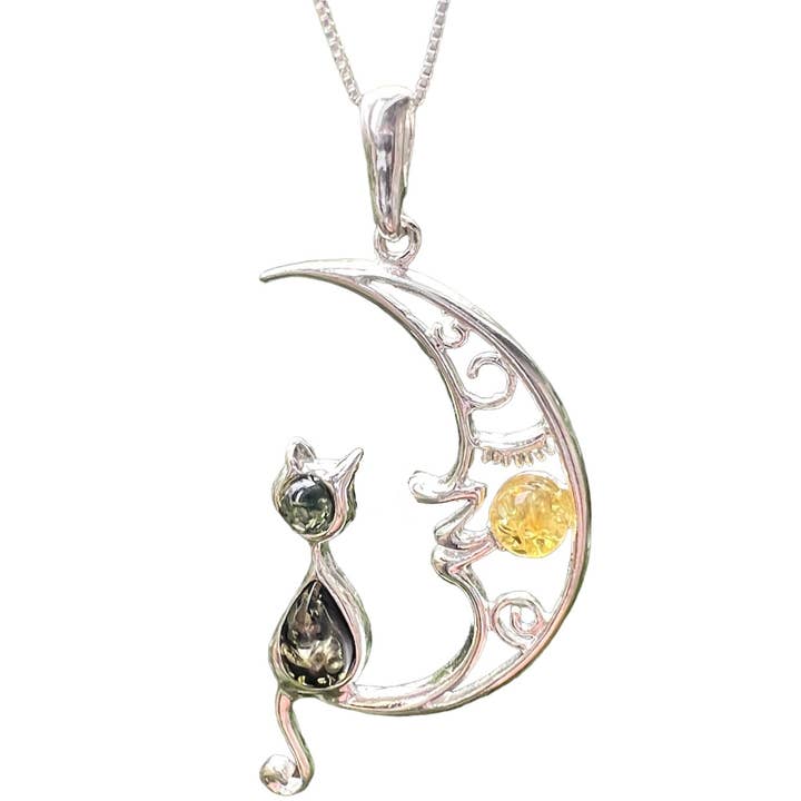 Collar con colgante de ámbar con gato en luna creciente de 2 para venta al por mayor de GSZ corporation DBA Gabriella's Gifts