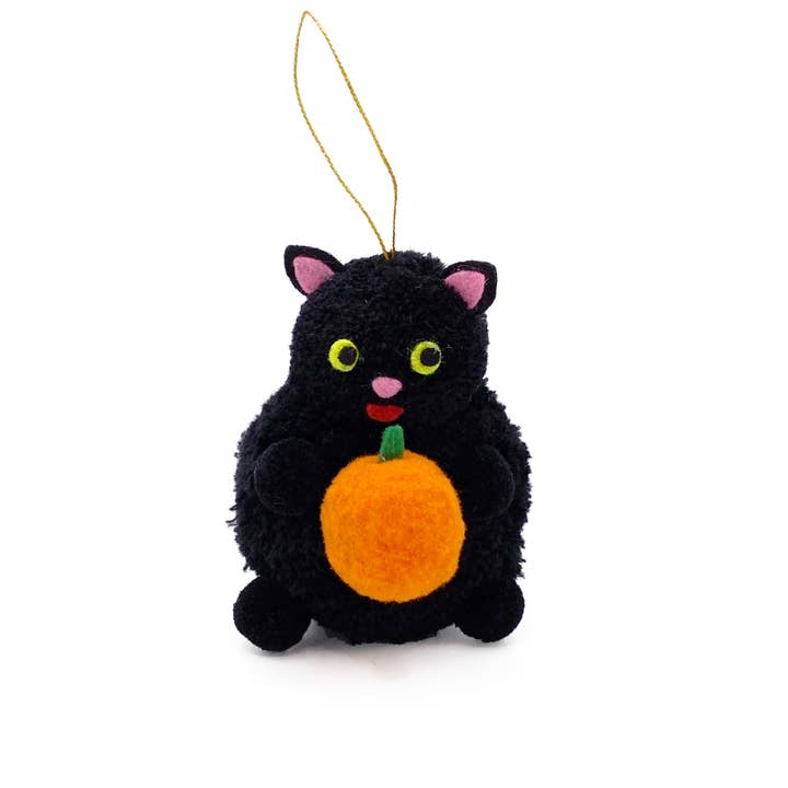 Pumpkin Cat Pom Pom Ornament for wholesale by Lucky Horse Press