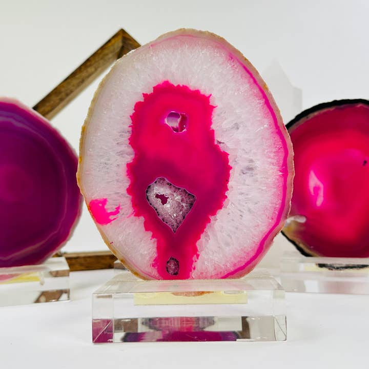 Rock Paradise - Wholesale Spiritual Stone/Crystal - Pink Agate Crystal Slice on Acrylic Stand YOU CHOOSE