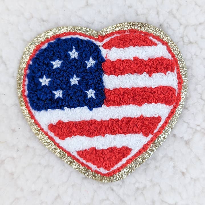 American Flag HEART Chenille & Glitter HAT/POCKET Patch for wholesale by Trendy Transfers