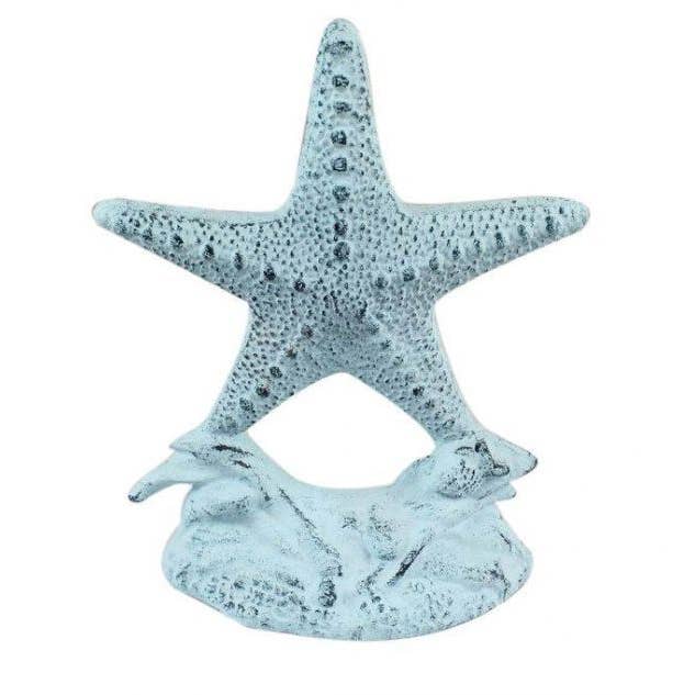 Set of 2- Dark Blue Whitewashed Cast Iron Starfish Book Ends 11" for wholesale by Hampton Nautical