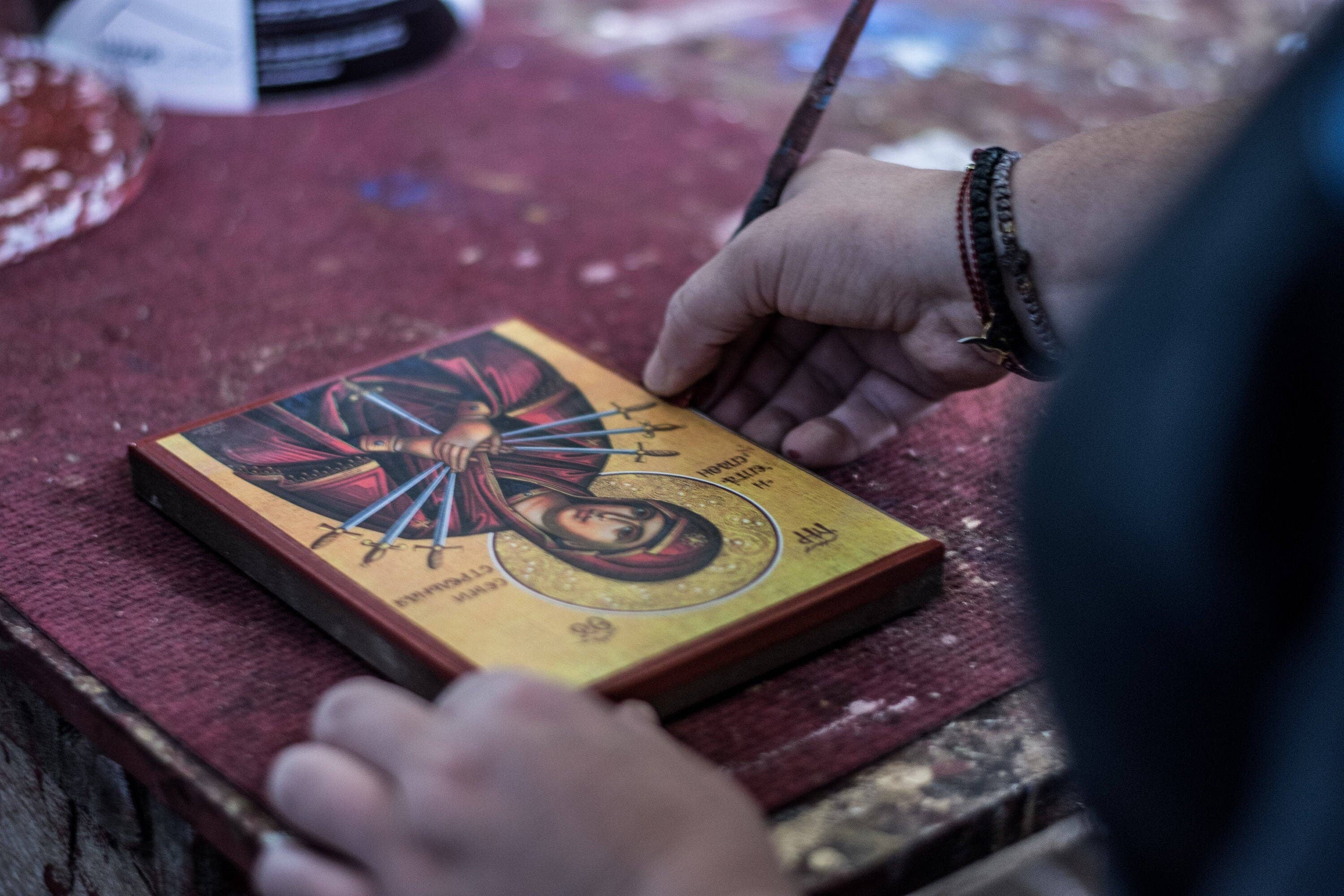 TheHolyArt - Wholesale Pencil Holder - Crucifixion icon and Pencil holder 25x10cm, Handmade Greek Orthodox icon, Byzantine art pencil holder on wood, religious decor8
