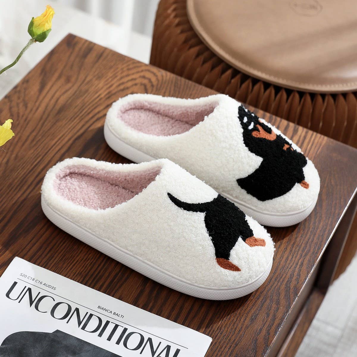 White POPULAR DACHSHUND EMBROIDERED COTTON SLIPPERS_CWSHS0769 for wholesale on Faire1