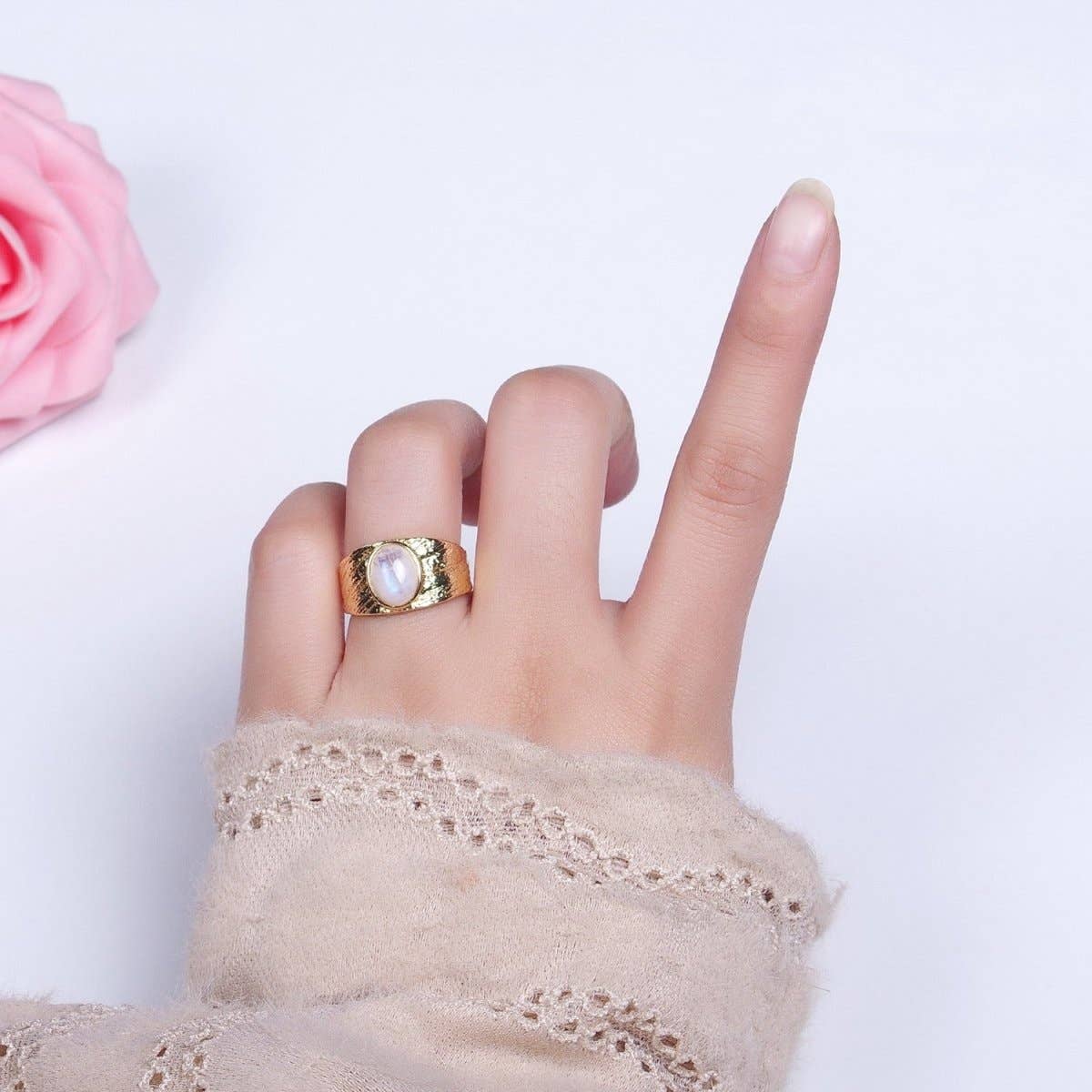 Aim Eternal - Wholesale Single Stone/Solitaire Ring - Labradorite, Moonstone Natural Gemstone Oval Line-Textured Gold Band Ring | O-1862~O-18635