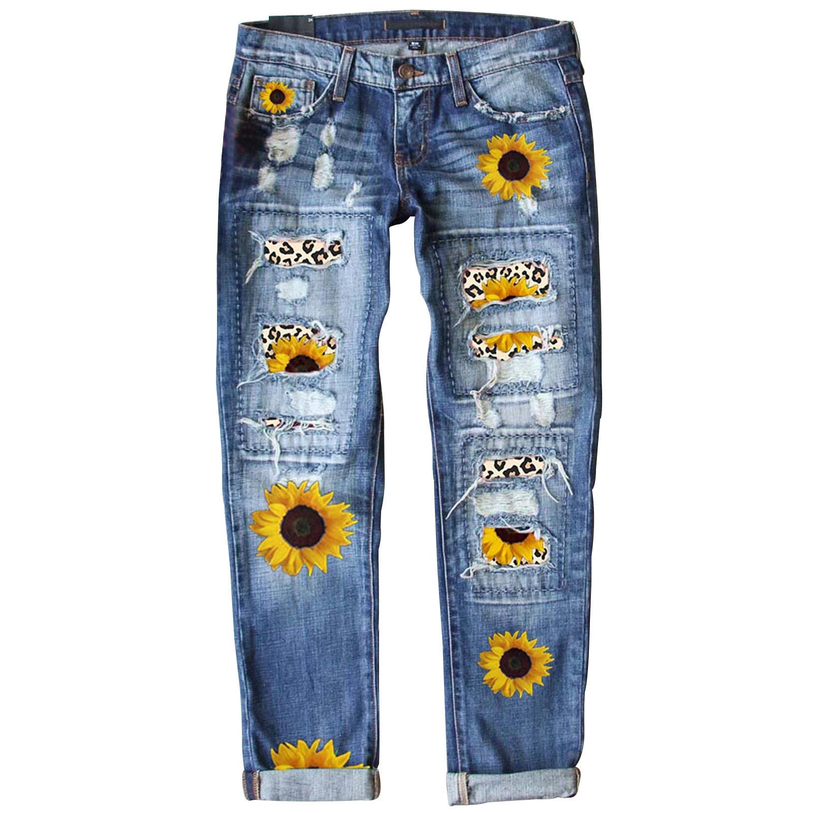 Tourtiwi – wholesale Jeans - Dam – Damjeans med blommigt tryck och slitningar0