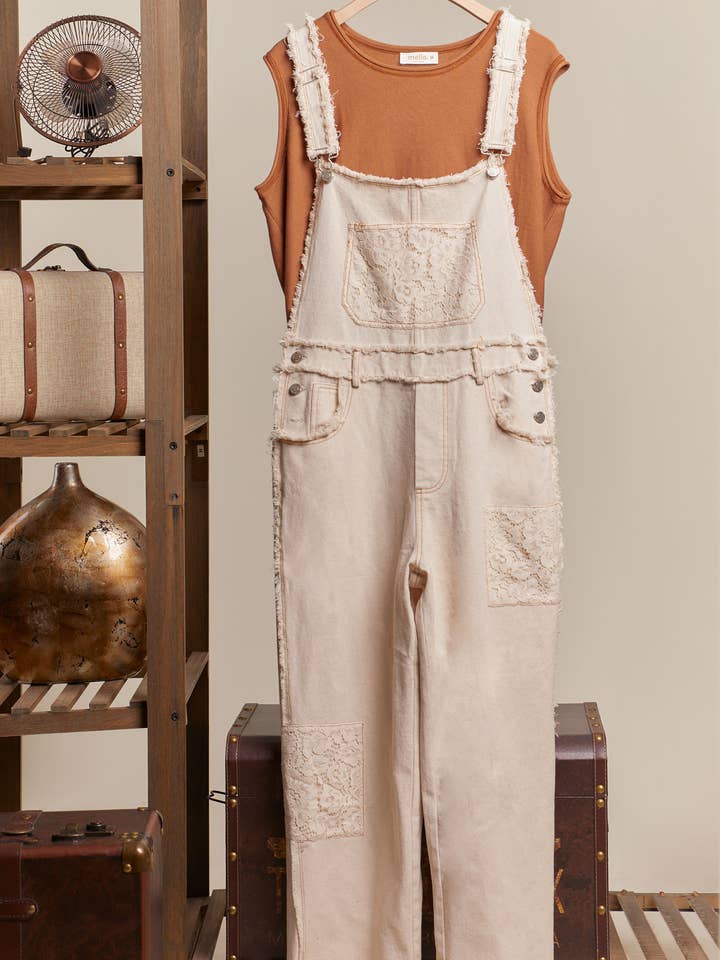 Ivory Washed Denim with Crochet Patchwork Overall for wholesale on Faire