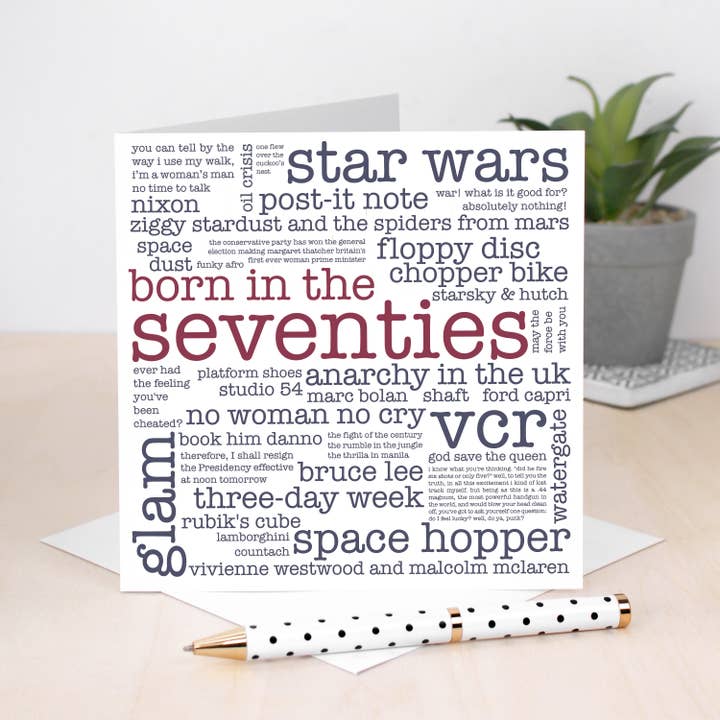 Born In The Seventies Card, All About The 1970s Decade for wholesale by Coulson Macleod (U.S. Duties Paid)