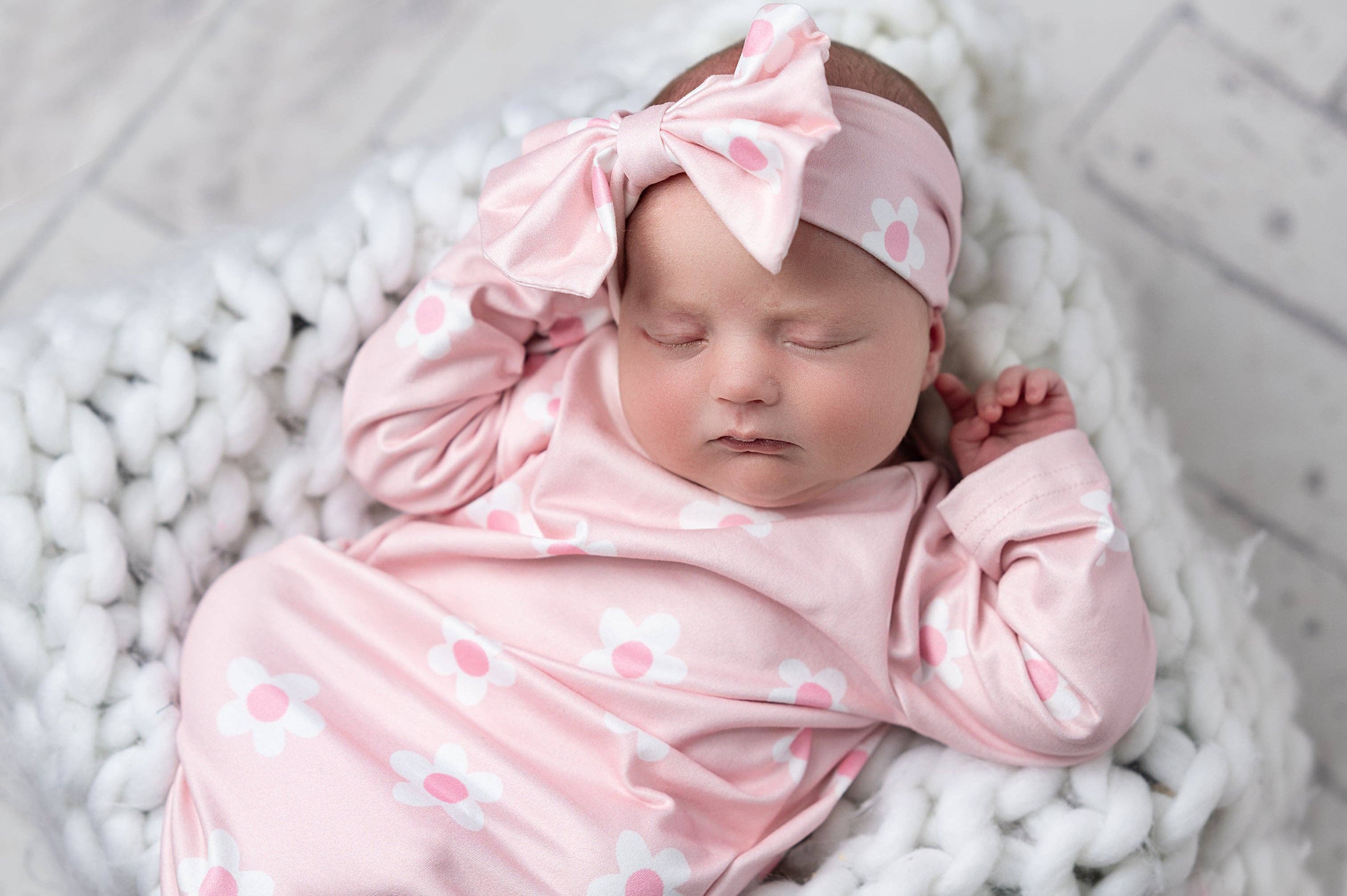 Adorable Sweetness - Wholesale Babygown - Baby - Infant Girls Pink Dainty Flower Baby Gown and Bow Headband2