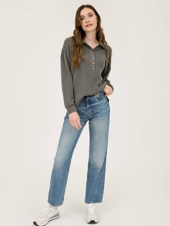 Blu Pepper - Wholesale Knit Top - Women's - PINSTRIPE COLLARED HALF BUTTON KNIT TOP5