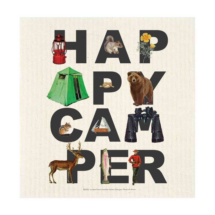 Happy Camper Peek-A-Boo Swedish Dishcloth for wholesale by Potluck Press