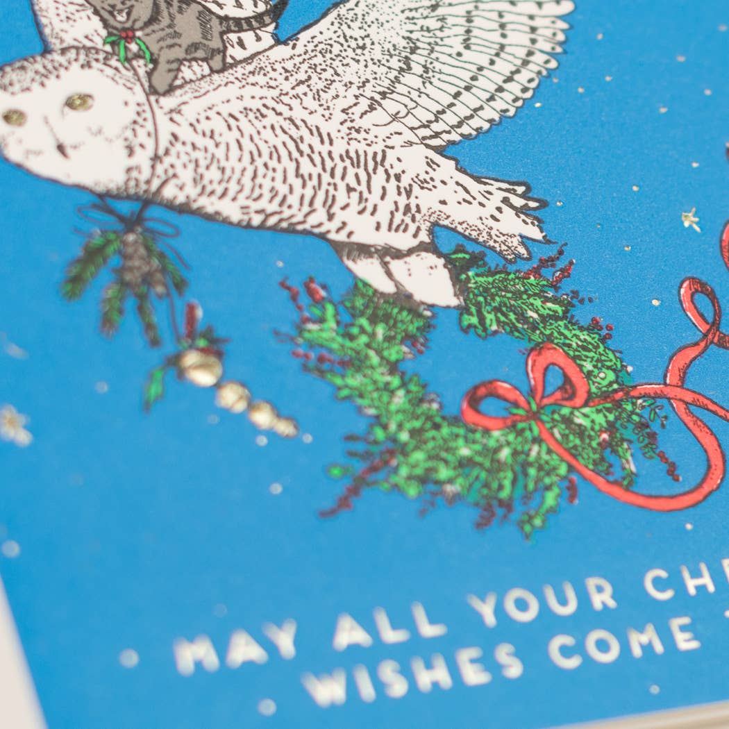 Porchlight Press Letterpress - Wholesale Christmas Card - Holiday Owl and Kitty Card2