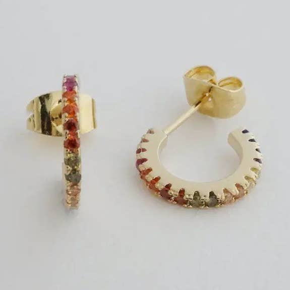 Rainbow Crystal Huggie Hoops for wholesale by Honeycat Jewelry