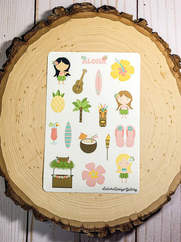 Aloha Hawaii Sticker Sheet – Tropical Planner Stickers for wholesale by Sakura Design Gallery
