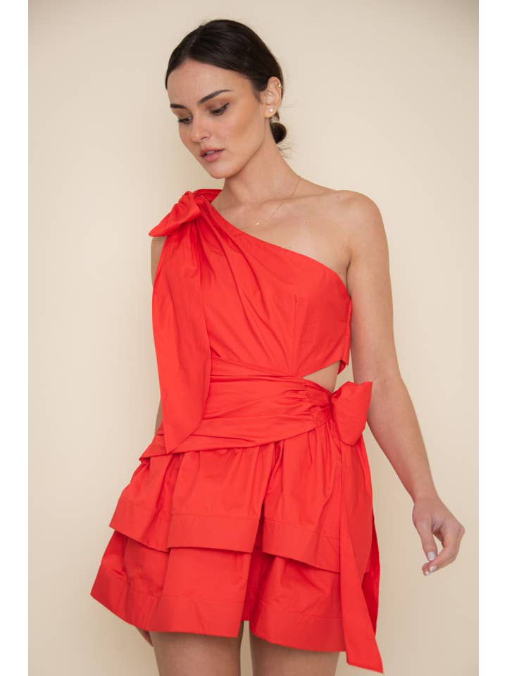 TOMATO RESORT ASYMMETRICAL SHOULDER BOW TIE MINI DRESS-DI10125FO for wholesale on Faire