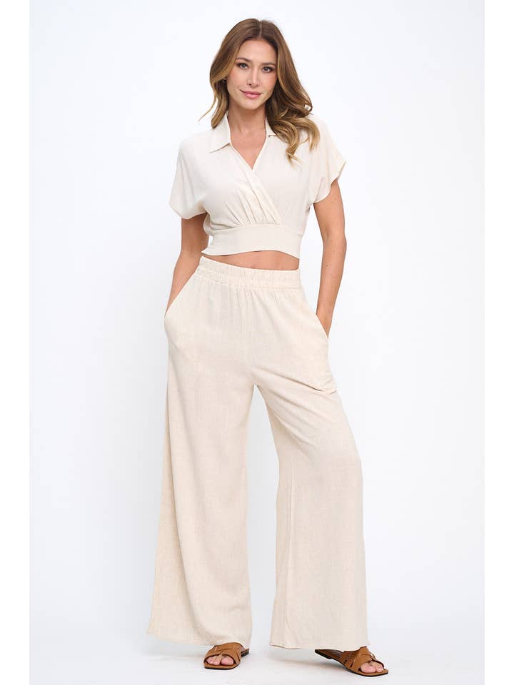 Renee C. - Wholesale Blouse - Women's - Made in USA Linen V neck Collared Crop Top with Smock Detail