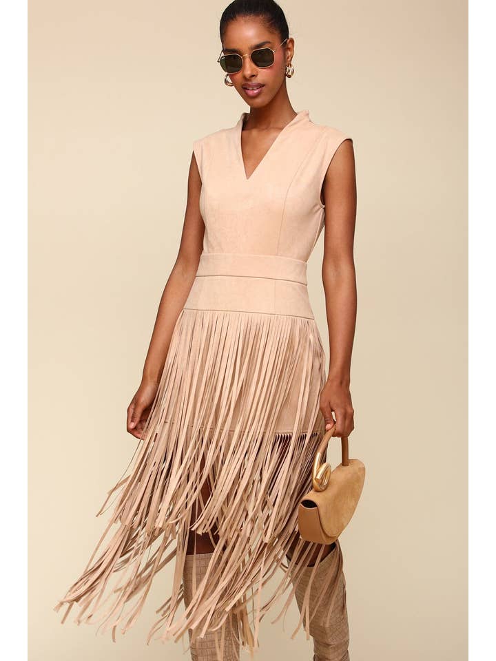 Biscuit Faux Suede Tiered Fringe Midi Dress for wholesale on Faire2