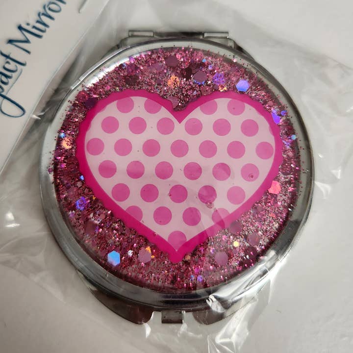 Pink Glitter heart compact mirror for wholesale by Blue Bourbon Designs