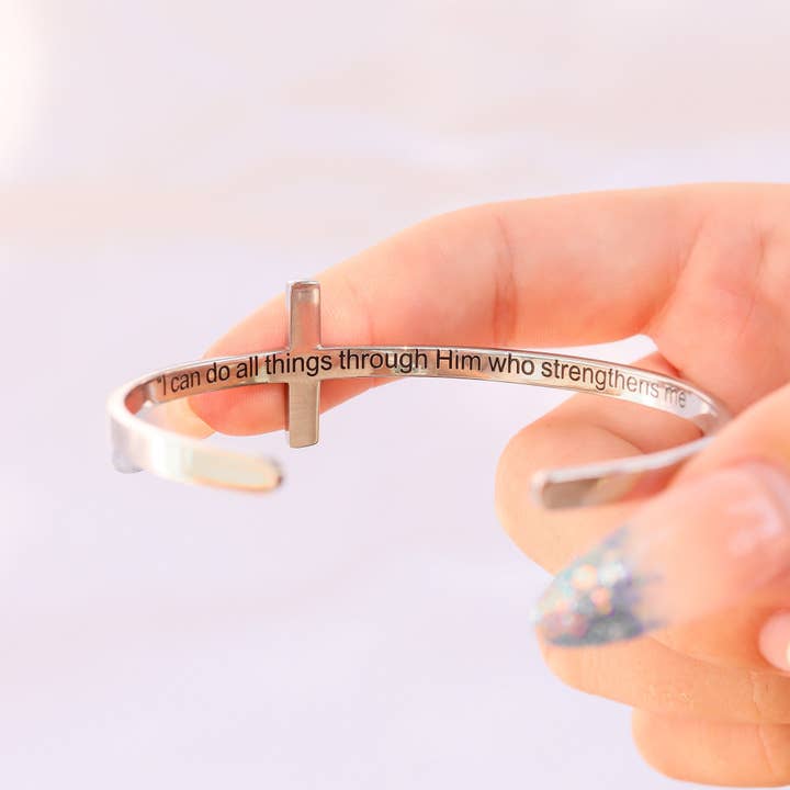 WJW - Wholesale Cuff Bracelet - Stainless Steel Cross Cuff Bracelet with Christian Scripture Philippians 4:131