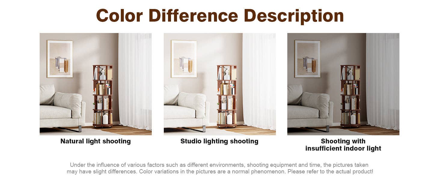 39F Inc. - Wholesale Bookcase - Walnut 4-Tier 100% Solid Wood Rotating Bookshelf with Wheel13