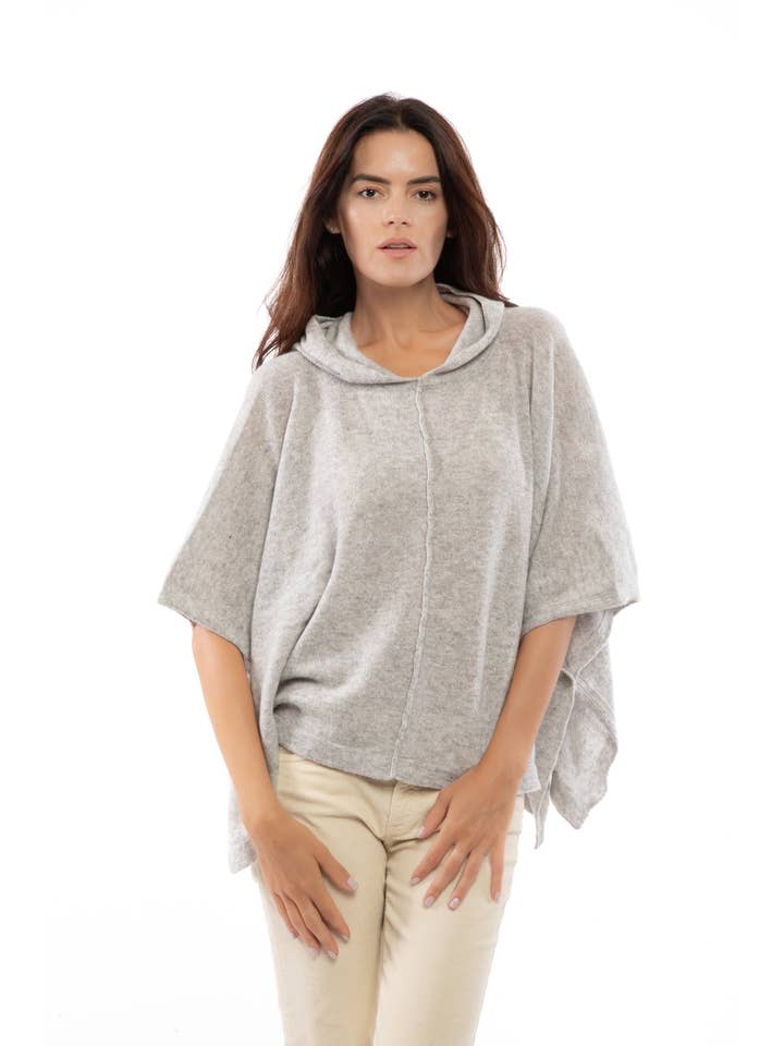 Womens's Cashmere Button Hoodie Poncho Light Gray for wholesale by Monticelli Cashmere