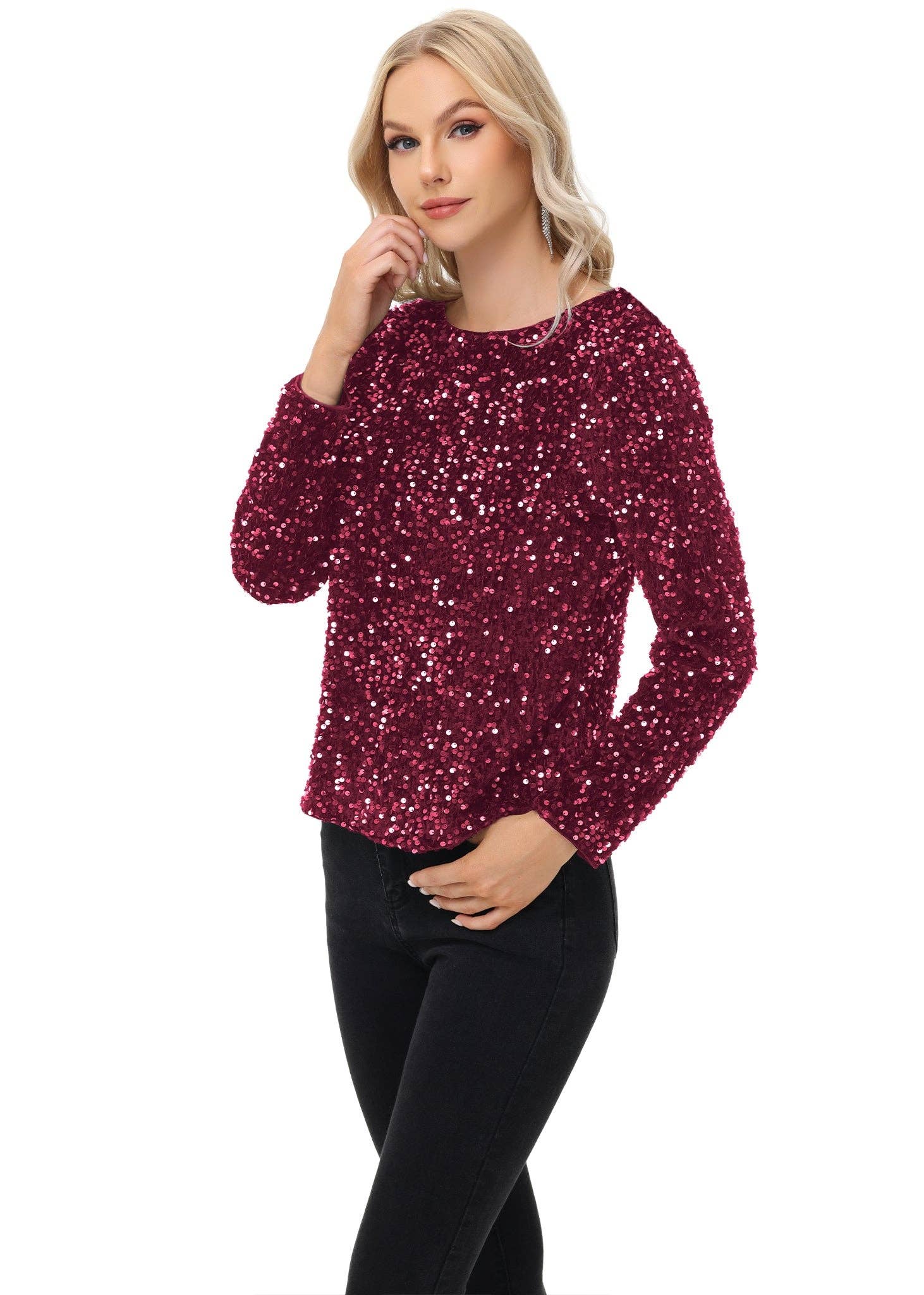 Anna Kaci Wholesale - Wholesale Blouse - Women's - Long Sleeve Sequin Tops Sparkly Glitter Evening Party14