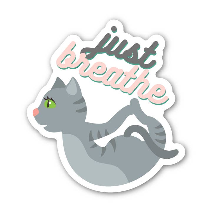 "just breathe" Cat Yoga Funny Cat Sticker 3" Vinyl for wholesale by Angi Bock Robertson Art