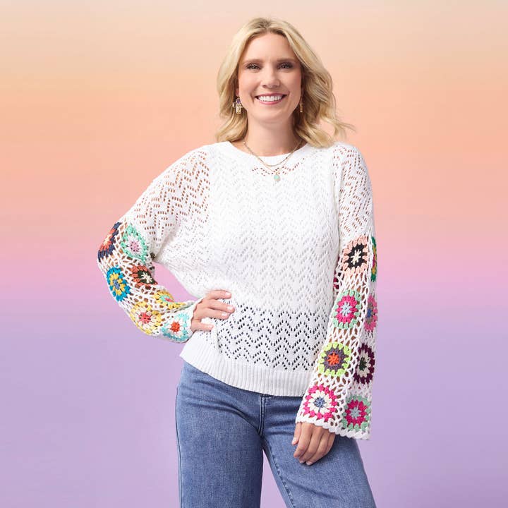 White Edie Lightweight Sweater with Crochet Sleeve for wholesale on Faire