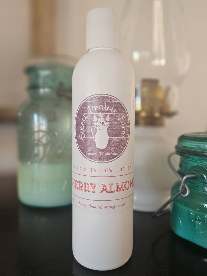 Cherry Almond Milk & Tallow Lotion for wholesale by Sweet Prairie Farm, LLC