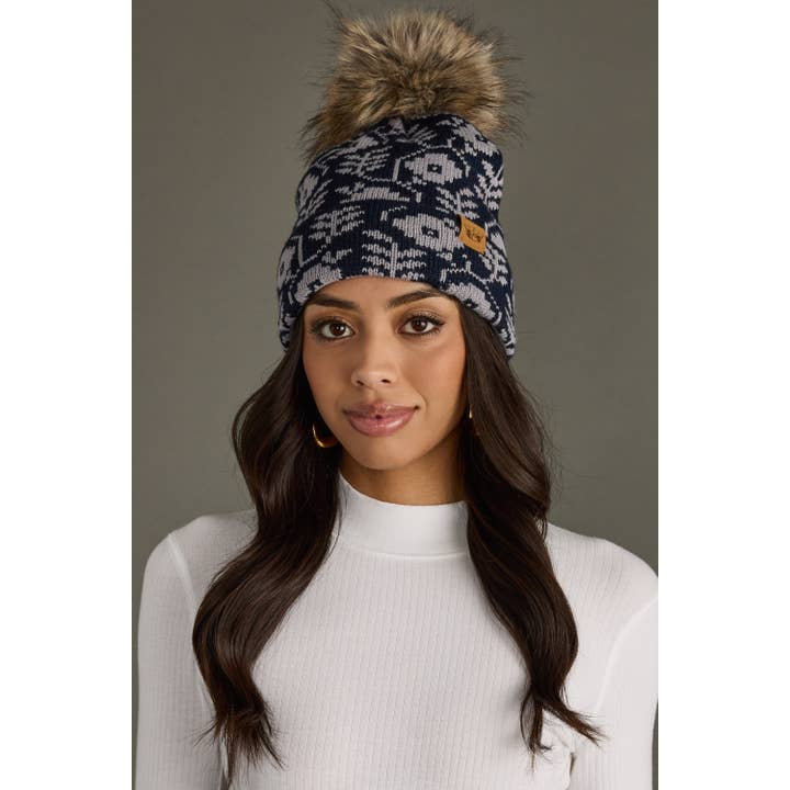 Panache Apparel Co. - Wholesale Beanie - Women's - Navy & Gray Floral Pattern Pom Hat1