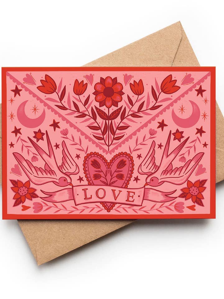 Folk Art Love Card: A6 Card for wholesale by Su Owen