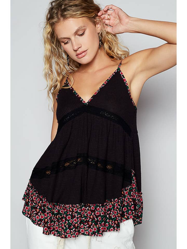 Pol Clothing - Wholesale Tunic - Women's - V-neck sleeveless floral print contrast tunic top SALE
