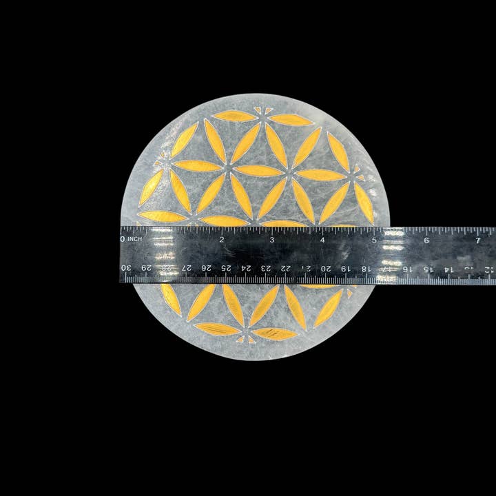 Funky Stuff - Wholesale Crystal Charging Plate - Selenite Charging Plate - Flower Of Life Gold Inlay 5.5"
