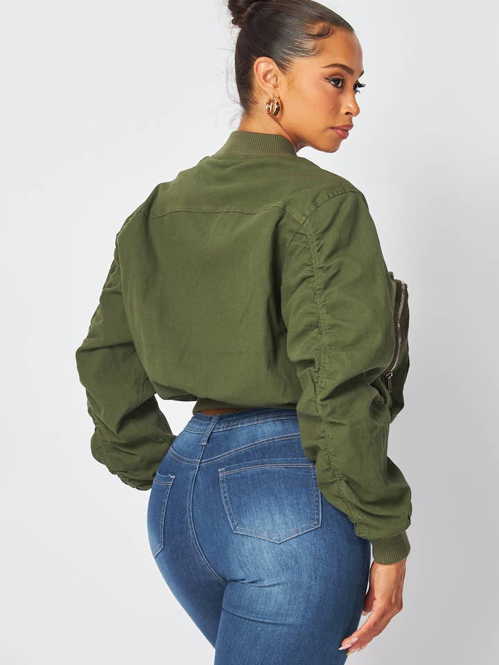Hot & Delicious - Wholesale Bomber Jacket - Women's - Irene Cargo Pocket Cropped Bomber Jacket (HGJ10318)