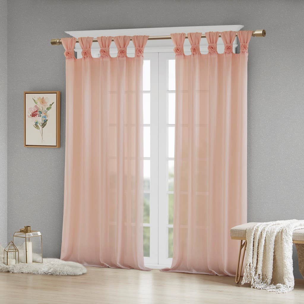 Olliix - Vente Rideaux - Panneau de fenêtre semi-transparent avec languette torsadée Motif floral Rose1