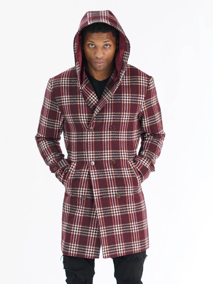 M4044 Makobi Gilbert Plaid Coat - Burgundy for wholesale by Frost Originals