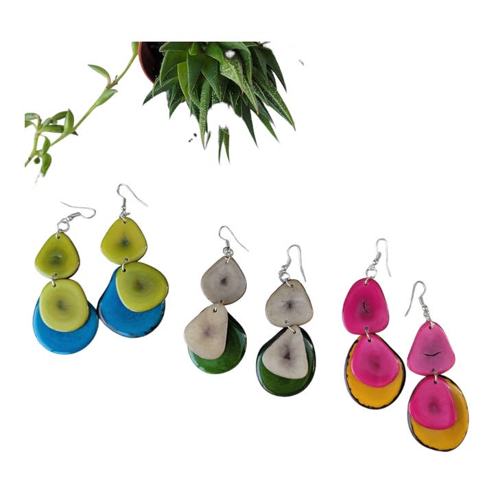 Organic jewelry by Allie - Wholesale Dangle Earrings - Tagua nut petals and slices dangle colorful earrings10