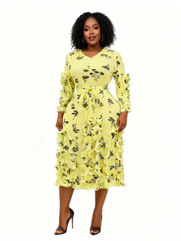 Ruffled Floral Tie-Waist Midi Dress - 83012 for wholesale by For Her NYC