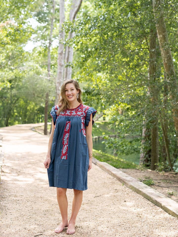 Sara Texas Dress | Navy Blue with Red and White for wholesale by Margarita Mercantile