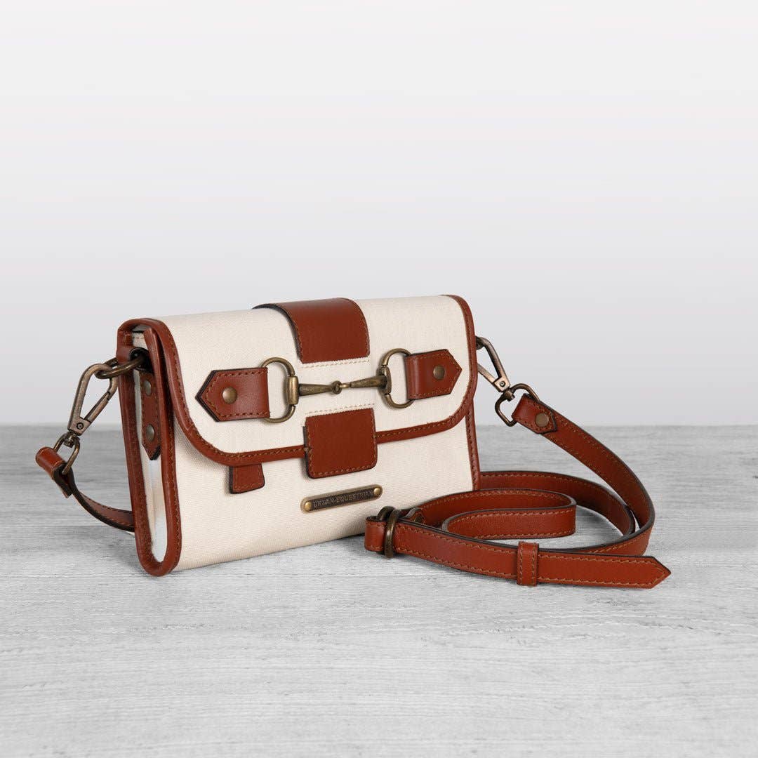 URBAN-EQUESTRIAN - Wholesale Crossbody Bag - Women's - Dalton - Horse Bit Crossbody Luxury Leather Handbag in Cognac on Ivory6