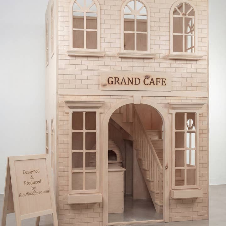 Casa de Brincar de Madeira de Dois Andares Extra Alta – Conceito Grand Café Base de 7 × 7 pés | Altura de 11 pés | Estrutura de Brincar Interior Totalmente Personalizável por atacado de Kids Wood Store U.S. / EU.