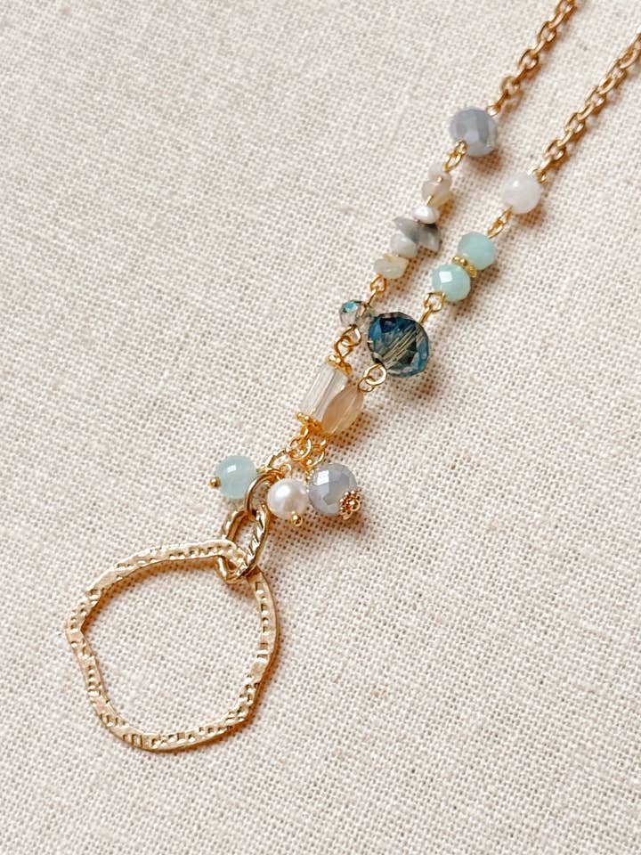 Gold Pearl & Blue Mixed Stone Circle Necklace for wholesale by Gracie Rose Designs