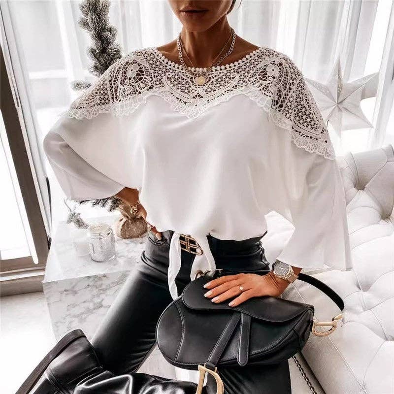 Sheer Trend - Wholesale Blouse - Women's - Round Neck Long Sleeve Lace Trim Shirt1