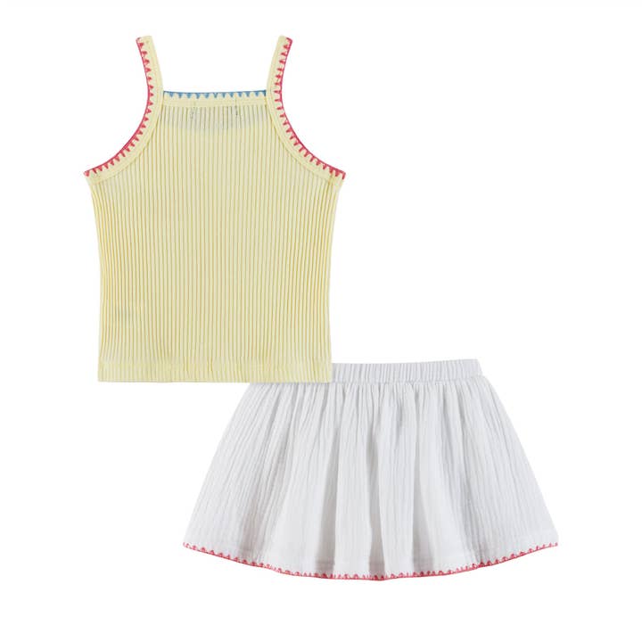 Yellow Kids (2-6x) Knit Halter Tank & White Gauze Skort | Beach Dreams for wholesale on Faire