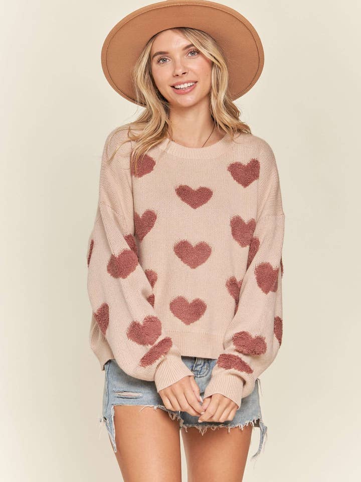 LESW3407-FLUFFY HEART COMFY SWEATER TOP for wholesale by Madelyn