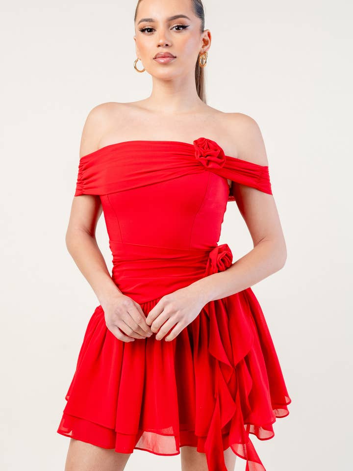 PD77753BST /ROSETTES CHELSEA CHIFFON OFF SHOULDER MINI DRESS for wholesale by PRIVY