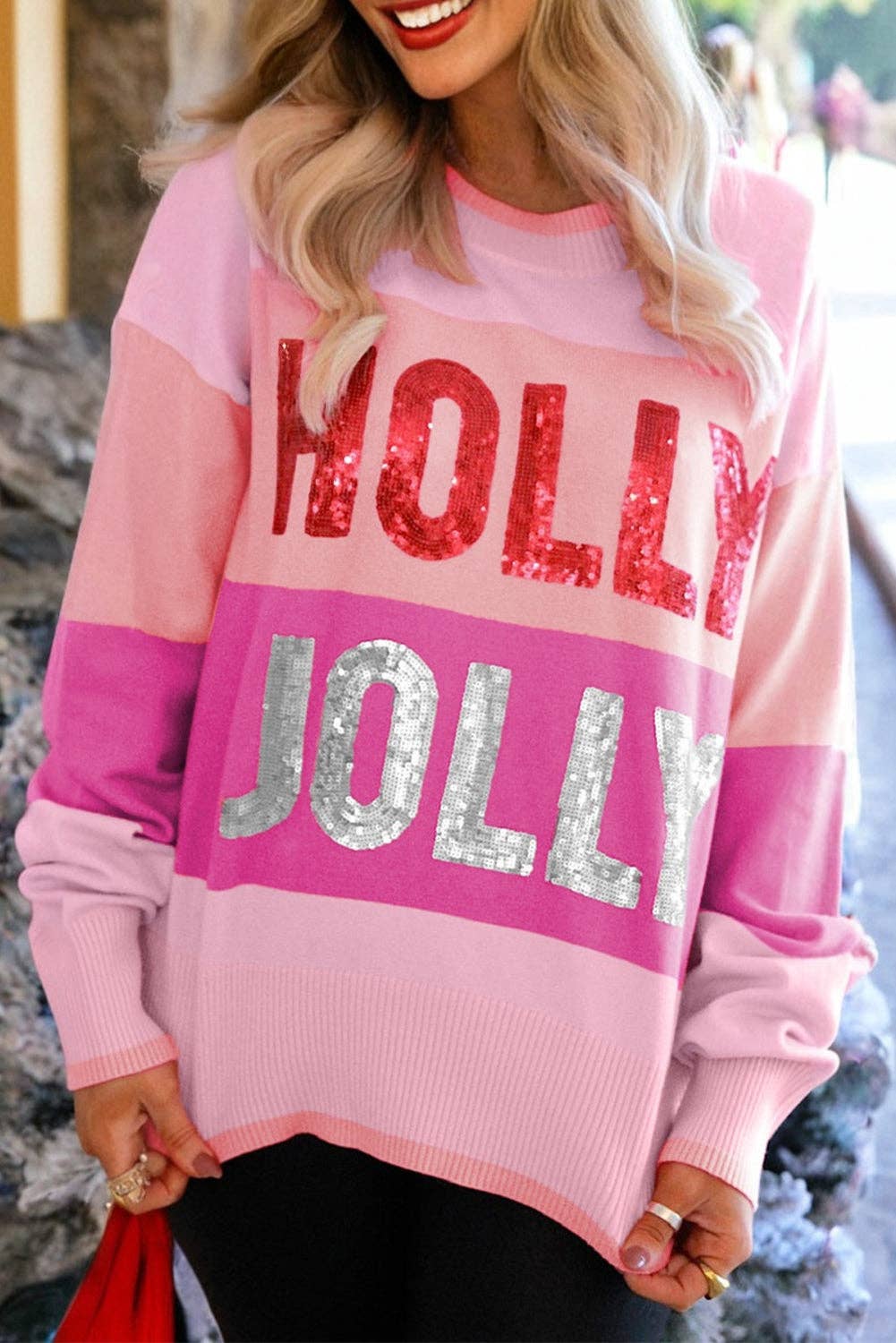 Pink Sequined HOLLY JOLLY Color Block Crew Neck Sweater for wholesale on Faire