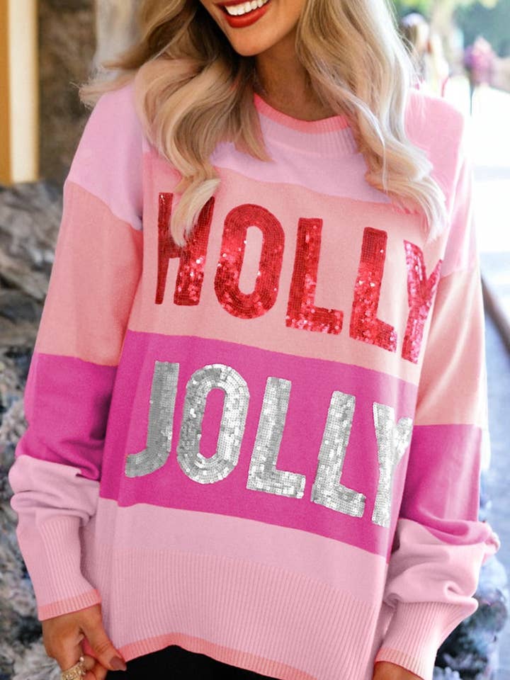 Pink Sequined HOLLY JOLLY Color Block Crew Neck Sweater for wholesale on Faire0