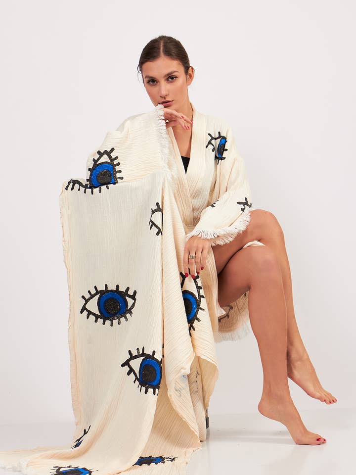 Yaz Concepts - Wholesale Kimono - Women's - Turkish Evil Eye Print Kimono Robe Blue Coverup11