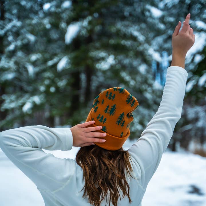 The Montana Scene - Wholesale Beanie - Women's - Pine Tree Fold Over Beanie - Teal/Honey Brown1