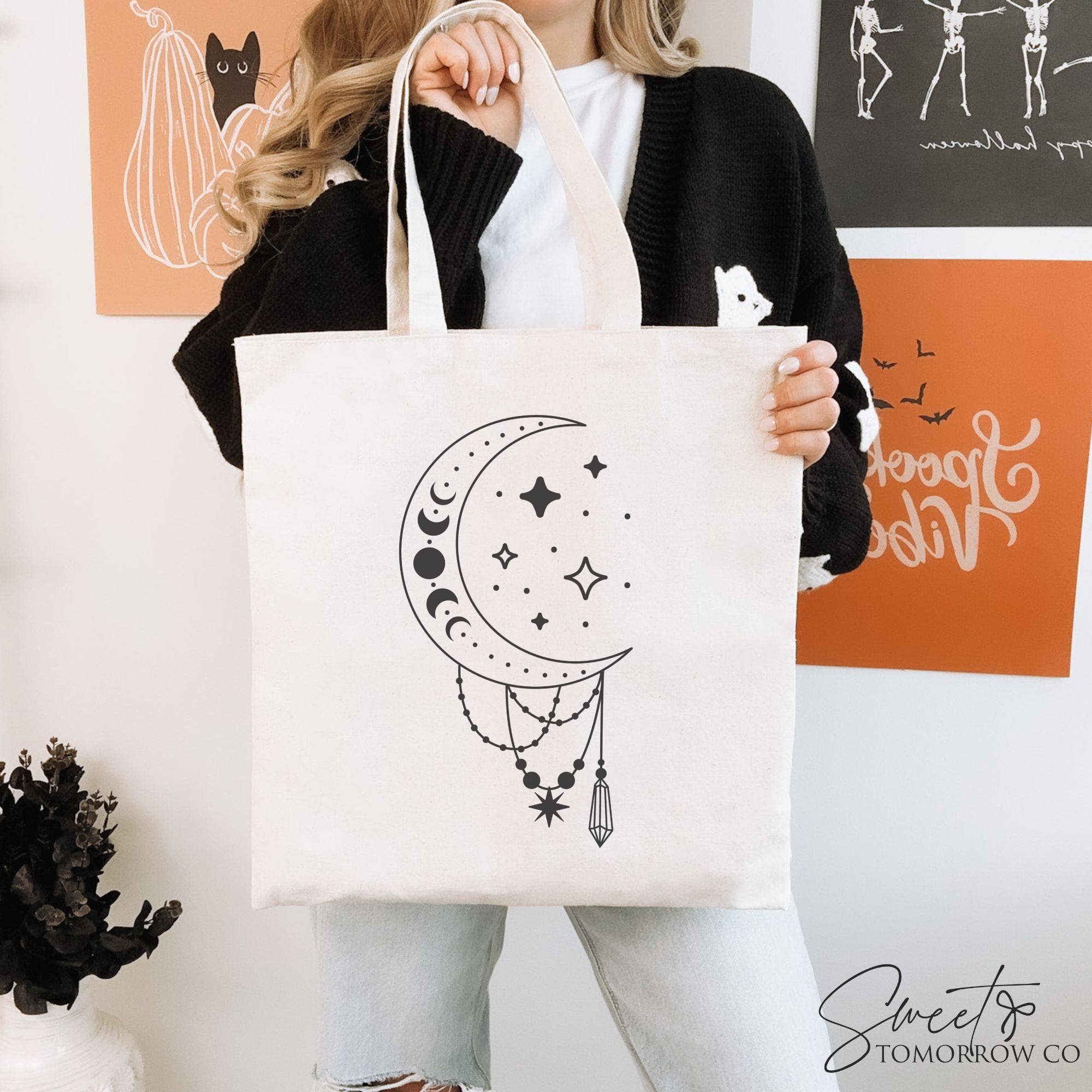 Cataleya Designs Studio LLC – wholesale Tote bag – Women's – Celestial Moon Cotton Canvas Tote Bag Medium Grocery Bag1